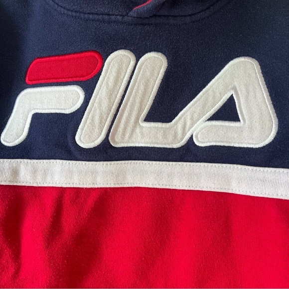 🌼 5/$25 FILA Kids Hoodie Size 7 Navy Red Colorblock Logo Pullover Sweatshirt - Picture 9 of 10